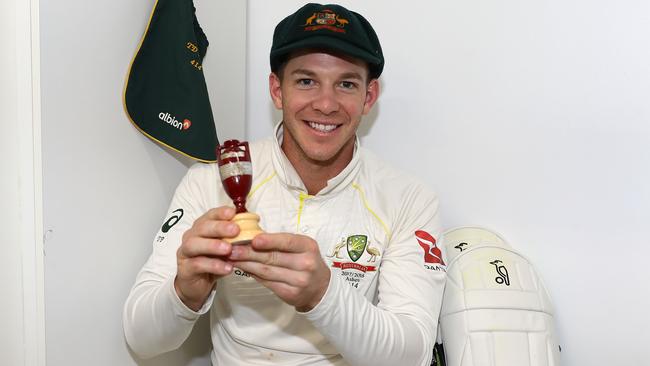 Tim Paine celebrates Australia regaining the Ashes.