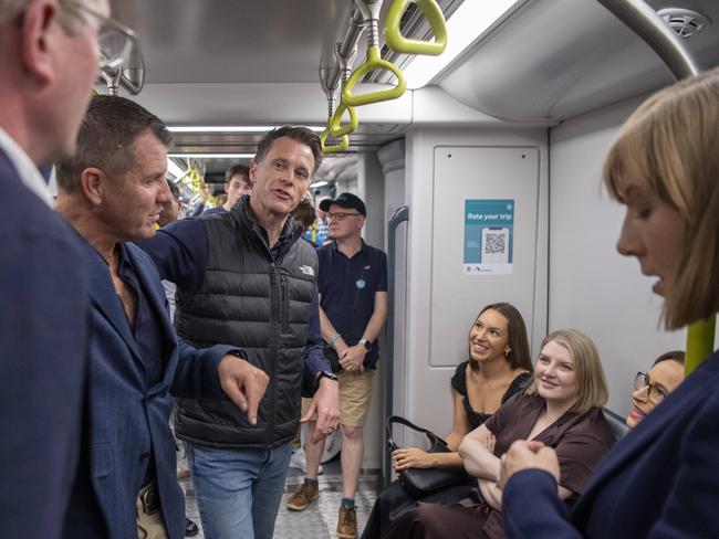 NSW Premier Chris Minns and former transport minister Jo Haylen joined former premiers Mike Baird and Dominic Perrottet to mark the opening of the new Metro line through the city. Picture: NewsWire / Simon Bullard.