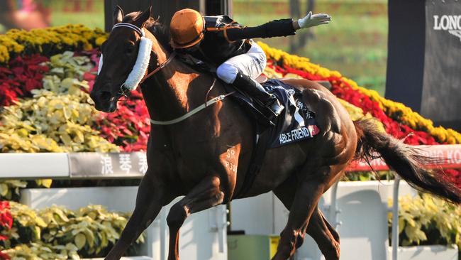 Champion jockey Joao Moreira, riding the mighty Able Friend to victory in the 2014 Hong Kong Mile, is heading to Brisbane for the very first time. Picture: Getty Images