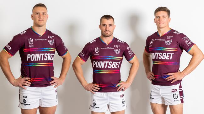 Manly’s Sean Keppie, Kieran Foran and Reuben Garrick in the Sea Eagle's Pride jersey. Pic: Manly Digital