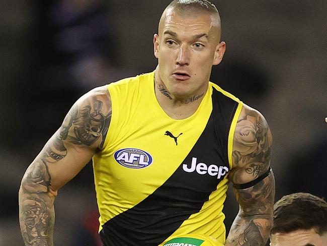 AFL Round 4.  St Kilda v Richmond at Marvel Stadium. 27/06/2020.  Dustin Martin of the Tigers under plenty of st Kilda pressure Q1   . Pic: Michael Klein