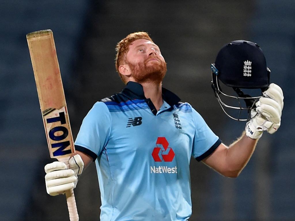 England's Jonny Bairstow celebrates scoring a century.