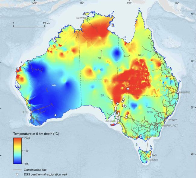 Predicted temperature at 5km depth and locations of geothermal exploration wells. Pic: Geoscience Australia