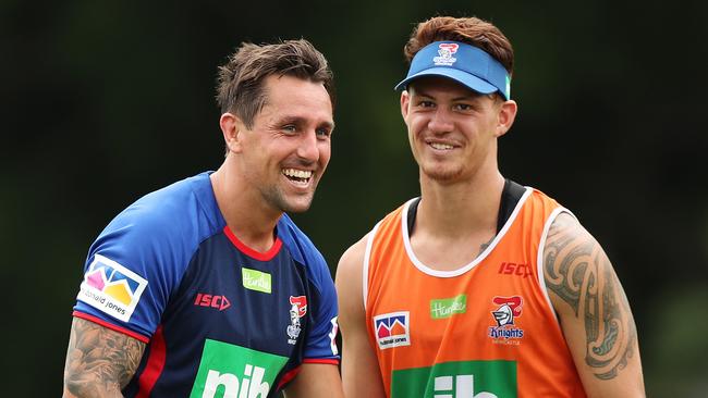 Mitchell Pearce and Kalyn Ponga. Picture: Brett Costello