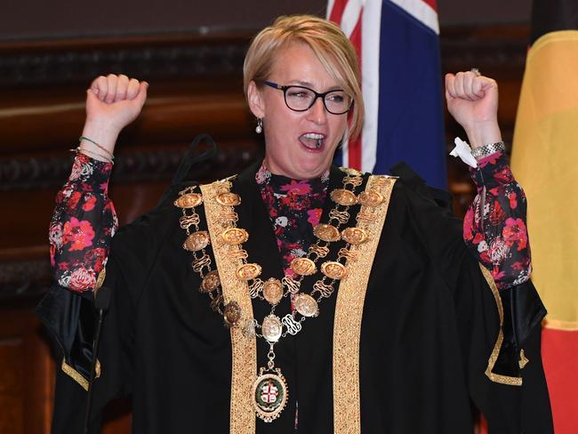 Sally Capp reacts after she is sworn in as Lord Mayor of the City of Melbourne at Melbourne Town Hall in Melbourne, Thursday, May 24, 2018.  Capp is the first directly elected female Lord Mayor of Melbourne. (AAP Image/Julian Smith) NO ARCHIVING