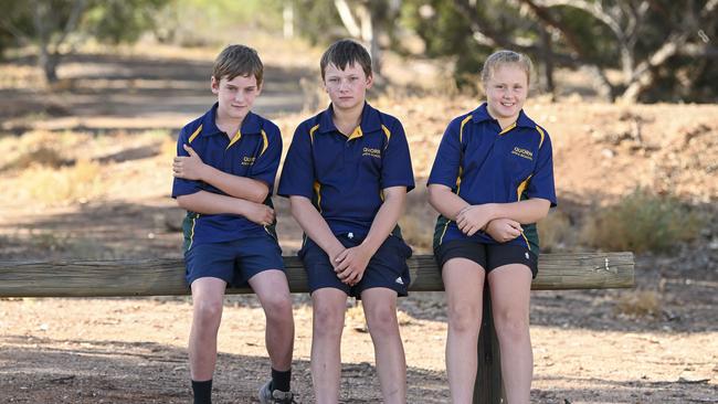 Quorn Area School students Lachy Heinze, 11, Kallan Hotham, 12, and Lara Cuffe, 9. Picture: Mark Brake