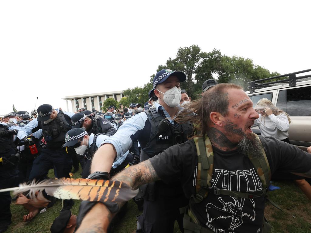 Tensions flared last week when police attempted to move on several people camping illegally outside the national library. Picture: NCA NewsWire/Gary Ramage