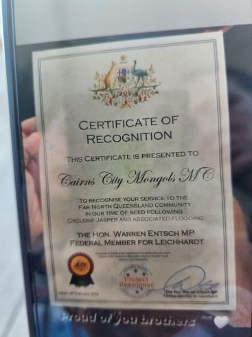 The certificate sponsored by federal MP Warren Entsch to the Mongols bikie club.