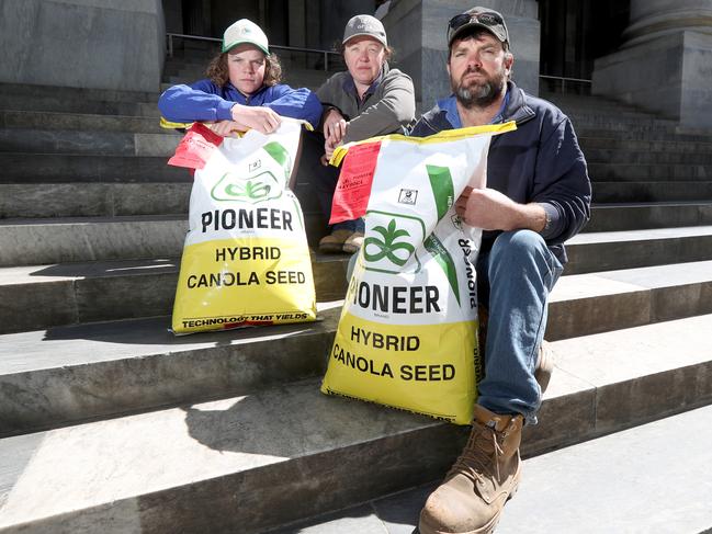 Anthony Pfitzner (right), Linda Pfitzner (centre) and son Cooper Pfitzner, 14, are seen with bags of non-GM Canola during a protest on the steps of the South Australian Parliament in Adelaide, Wednesday, December 4, 2019. The South Australian government is trying for a second time to lift a ban on genetically modified crops on the SA mainland. (AAP Image/Kelly Barnes) NO ARCHIVING