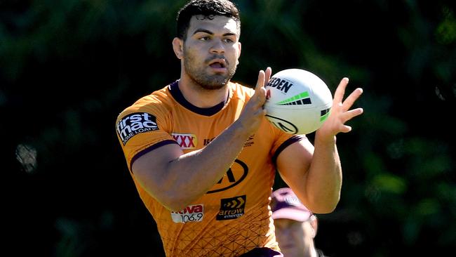 BRISBANE, AUSTRALIA - JULY 29: David Fifita catches the ball during a Brisbane Broncos NRL training session at the Clive Berghofer Centre on July 29, 2020 in Brisbane, Australia. (Photo by Bradley Kanaris/Getty Images)