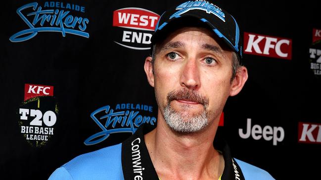 22/1/16 - Strikers coach Jason Gillespie speaking of the disappointment of being knocked out of the Big Bash - pic Mike Burton