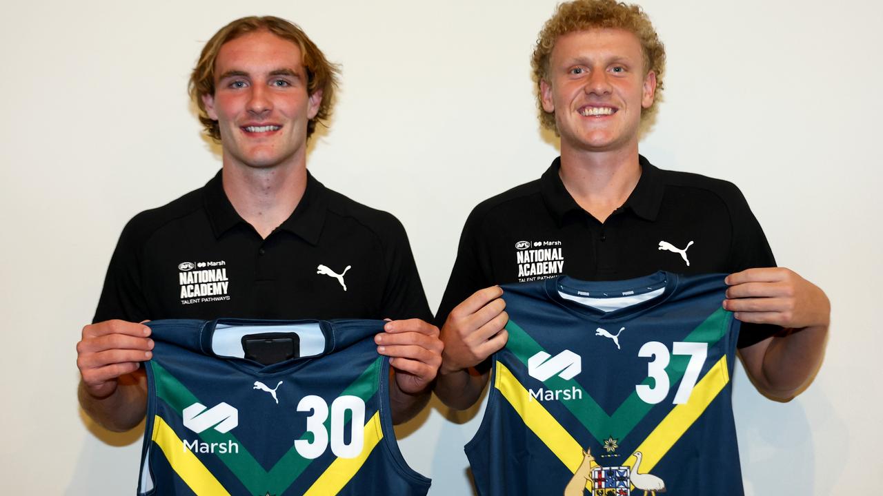South Australian AFL National Academy members Dyson Sharp (left) and Matt LeRay. Picture: Josh Chadwick/AFL Photos/via Getty Images