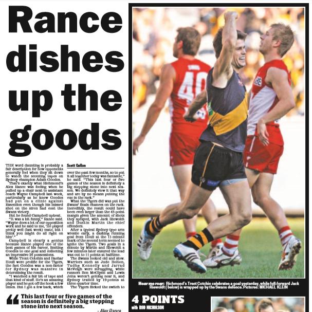 Alex Rance’s breakout game came in Round 21, 2011 against Sydney when he was given a job on Adam Goodes.