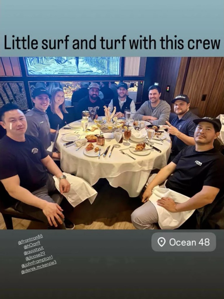 Josh tagged the same restaurant in his Instagram Stories while out with friends on the same night. Picture: Josh Hall/Instagram