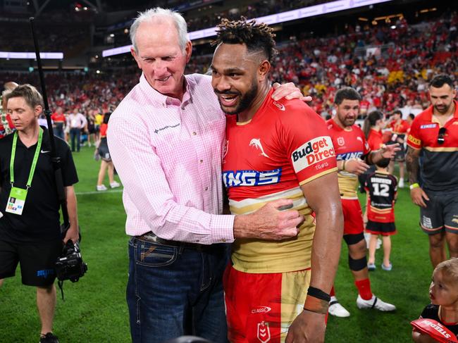 NRL 2024 RD26 Dolphins v Brisbane Broncos - Wayne Bennett and Hamiso Tabuai-Fidow Picture NRL Photos