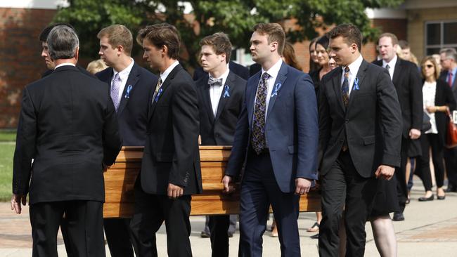 Otto Warmbier’s casket as it is carried out from his funeral on June 21. Picture: AFP