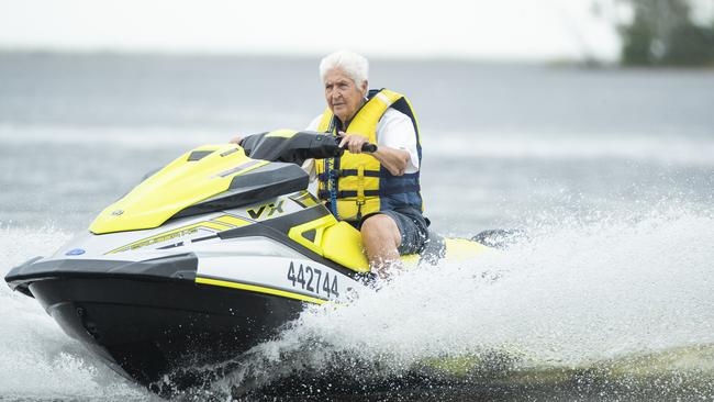 Australian Olympic swim champion Dawn Fraser at 83, still loves to get out on her jetski nearly every weekend on the Noosa River. Picture: Lachie Millard.