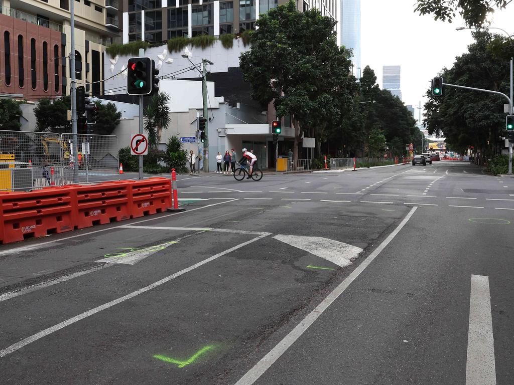 The scene where a man has died after being struck by a bus in South Brisbane. Picture: Liam Kidston