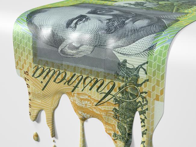 A concept image showing a regular Australian Dollar banknote that is half melted and liquified dripping on an isolated studdio background