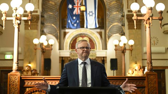 Australian Prime Minister Anthony Albanese speaks during a visit to the St Kilda Shule in Melbourne in October 2023. Picture: AAP Image/Pool