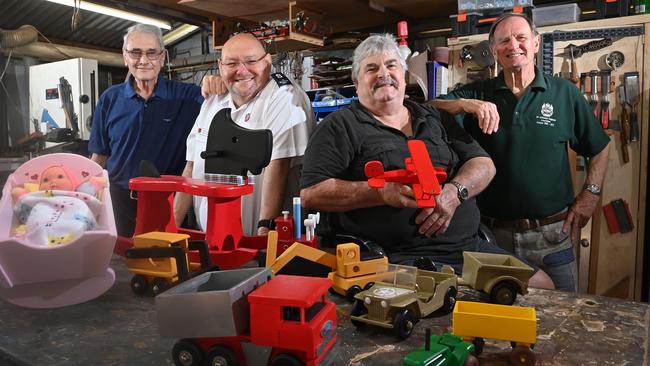 Woodwork Vietnam Armoured Corp have been making wooden toys for the Salvos Xmas appeal. Pictured from left is the group’s Craig Haydock, Salvation Army’s Mark Foyle, Ian Sach and John Eyre. Picture: Keryn Stevens