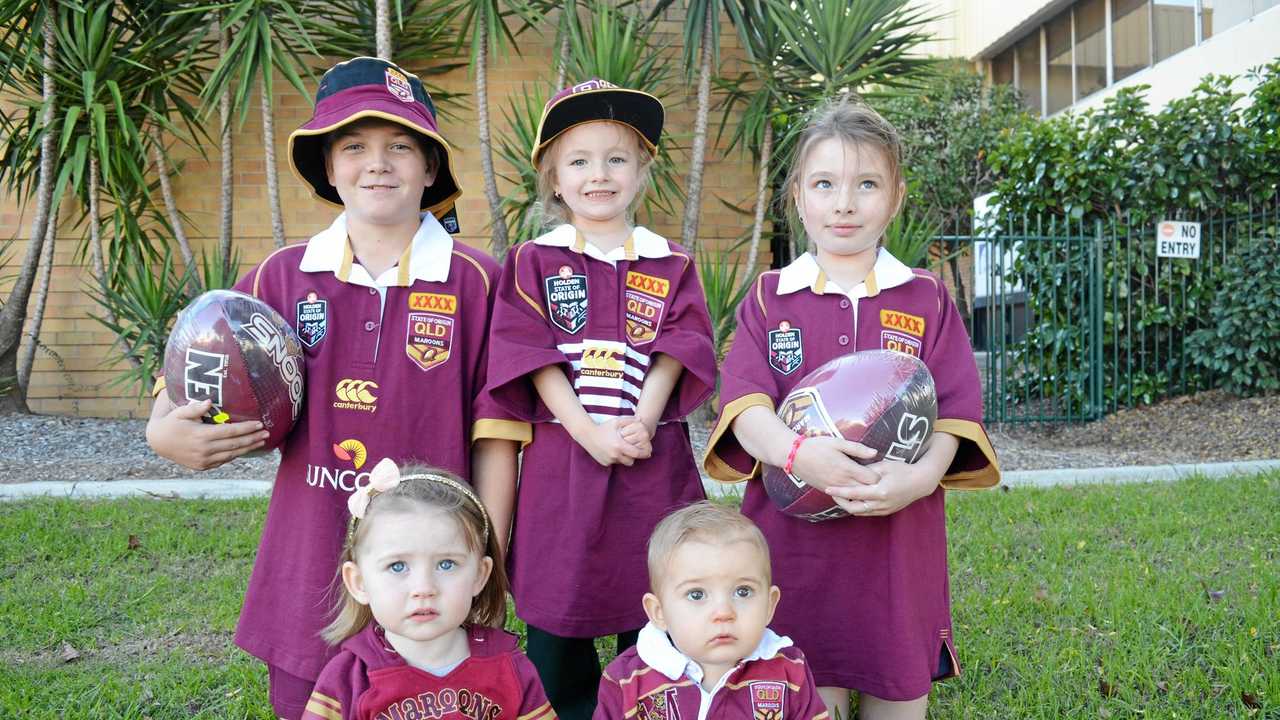 MAROON PRIDE: (Back, from left) Landon Moore, 10, Harper, 4, and Indi Cruice, 7, and (front) Rylee, 2, and Rori Heinemann, 1, have taught me a thing or two about State of Origin. Picture: Elyse Wurm