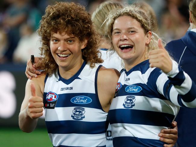 Nina Morrison and Georgie Prespakis celebrate after the game. Picture: AFL Photos/Getty Images