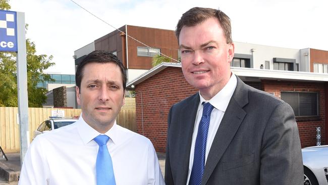 Opposition Leader Matthew Guy and police spokesman Ed O'Donohue have promised the crackdown on prisoner phone calls. Picture: Lawrence Pinder