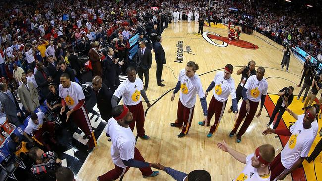 LeBron James #23 of the Cleveland Cavaliers is introduced during a game against the Miami Heat.