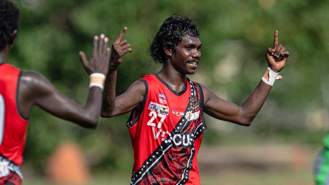 Dwayne Kerinaiua playing in the Wanderers v the Tiwi Bombers match in Round 13 of the 2024-25 NTFL season. Picture: Pema Tamang Pakhrin