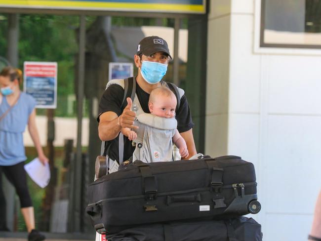 Eddie Betts and Eddie Jr after arriving in Darwin before quarantining at Howard Springs. He will line up for either Palmerston or Wanderers in what will be the biggest signing in NTFL history. Picture: Glenn Campbell