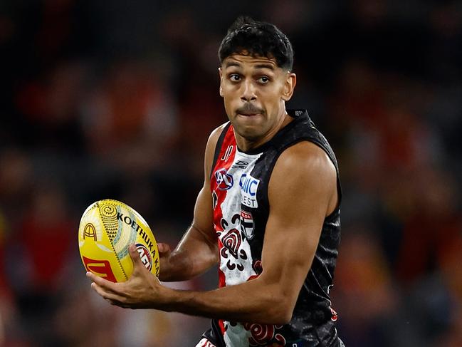 MELBOURNE, AUSTRALIA - MAY 25: Nasiah Wanganeen-Milera of the Saints in action during the 2025 AFL Round 11 match between Euro-Yroke (St Kilda Saints) and the Gold Coast Suns at Marvel Stadium on May 25, 2025 in Melbourne, Australia. (Photo by Michael Willson/AFL Photos via Getty Images)