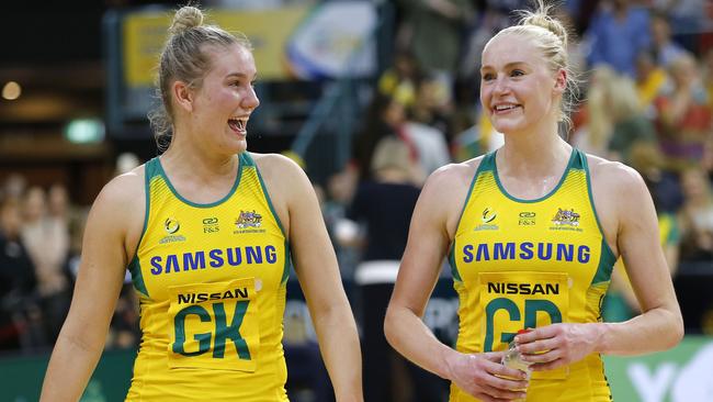 Courtney Bruce and Jo Weston after winning the Quad Series match between the Australian Diamonds and the England Roses last year. 