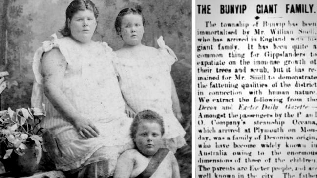 Clara, Anna and Tom Snell, the Gippsland ‘giants’, during their early exhibiting days, and a newspaper article about the sensational children. Pictures: State Library of Victoria, Trove