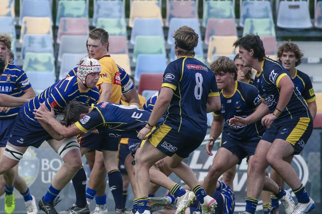 Bond University front rowers Jake Leck, Blaze Moana and Rogan Huntley scrummed the house down in a 26-22 win over University in round 4. Glenn Campbell. Picture: Glenn Campbell