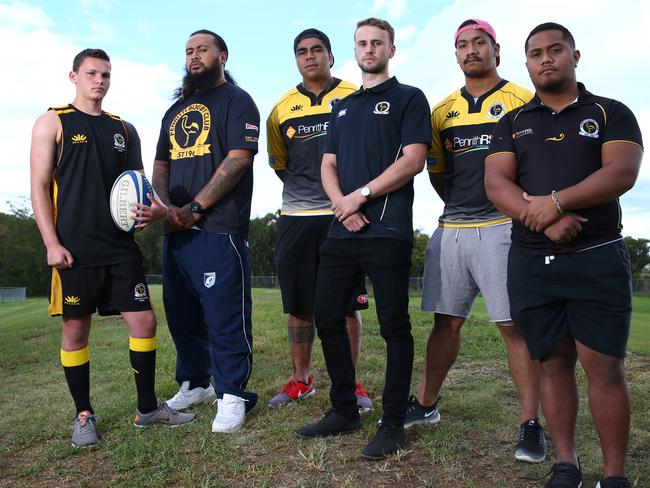 30/04/2018. (L-R) Adam Mackenzie, Rock Paulo, Willie Tooala, Campbell Hislop, Matthew Faoagali and Barry Scanlan. Rugby players from mixed grades pictured at their home ground in Penrith. Penrith Rugby Club has been cut from the Sydney competition, meaning there will be no Shute Shield team in western Sydney. Britta Campion/ The Australian