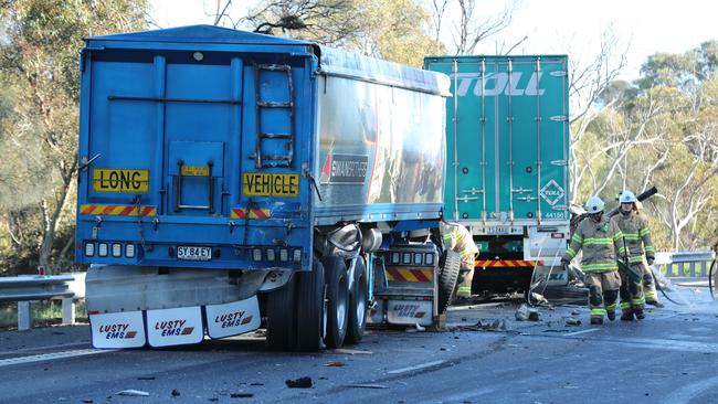 Two trucks collided on the South-Eastern Freeway between Callington and Mt Barker. Picture: Tait Schmaal