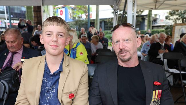 Xavier Halter and Keith Denham at the Surfers Paradise RSL Anzac Day noon service 2025 at Cavill Park for Gold Coast at Large. Picture, Portia Large.
