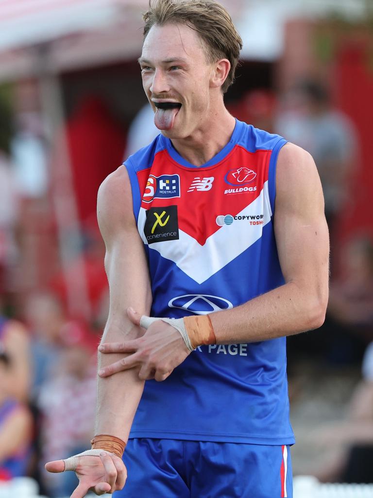 Mani Liddy celebrates kicking his third goal against North Adelaide in Round 3. Picture: David Mariuz/SANFL