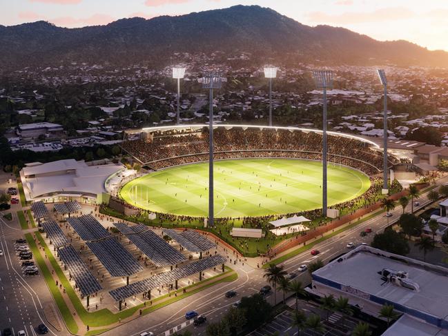 AFL Cairns has completed its masterplan to transform Cazalys into a 20,000-seat stadium and an international sporting precinct. Image: Cox Architecture