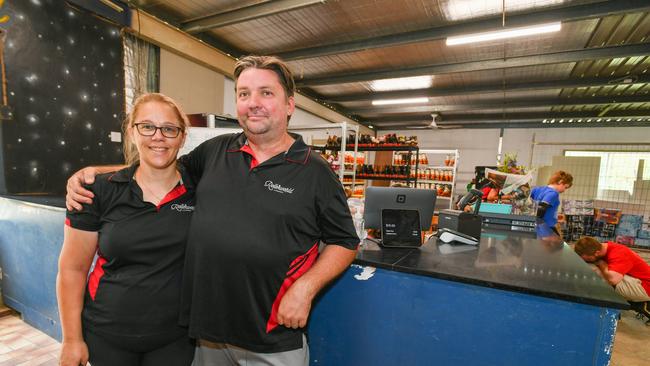 Lismore Rollerworld owners Belinda and Craig Newby at the 'still-in-progress' skate rink almost a year after six metres of floodwater inundated Lismore's iconic roller sports venue. Picture: Cath Piltz