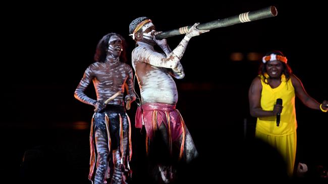 Yothu Yindi and The Treaty Project perform on stage during the closing ceremony of the XXI Commonwealth Games on the Gold Coast on Sunday, April 15, 2018. Picture: AAP Image/Darren England