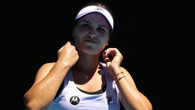 Sofia Kenin was reduced to tears in her post-loss media conference. Picture: AFP