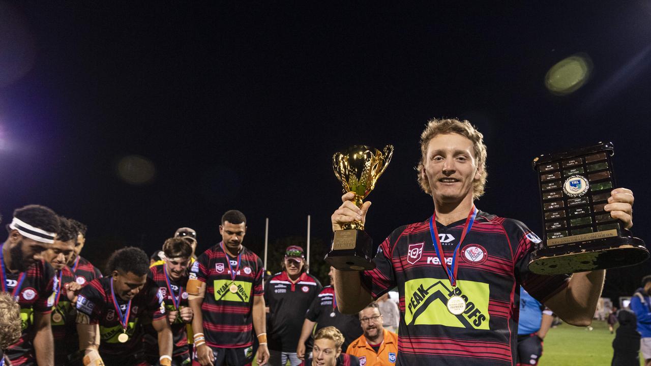 Valleys captain Jaren Bender holds the Reserve Grade Premiers trophies after Valleys defeat Warwick on TRL grand final day at Toowoomba Sports Ground, Saturday, September 14, 2024. Picture: Kevin Farmer