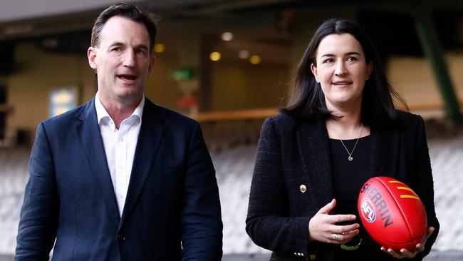 MELBOURNE, AUSTRALIA - AUGUST 28: Incoming AFL Chief Executive Andrew Dillon and newly appointed AFL Executive General Manager Football Laura Kane are seen during an AFL Media Opportunity at Marvel Stadium on August 28, 2023 in Melbourne, Australia. (Photo by Michael Willson/AFL Photos via Getty Images)