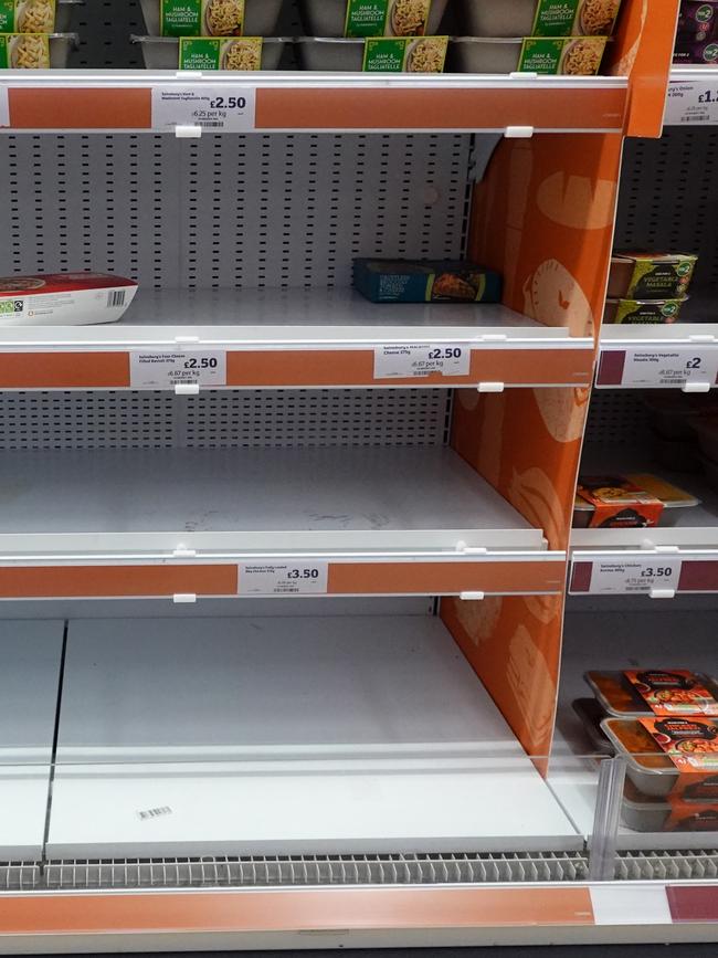 Empty shelves in a supermarket in Northwich, England. Picture: Christopher Furlong/Getty Images