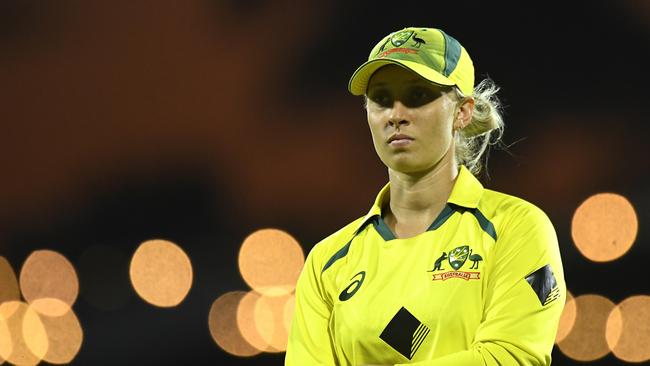 MACKAY, AUSTRALIA – SEPTEMBER 24: Ashleigh Gardner of Australia looks on during game two of the Women's One Day International series between Australia and India at Great Barrier Reef Arena on September 24, 2021 in Mackay, Australia. (Photo by Albert Perez/Getty Images)