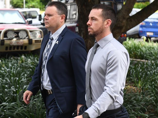 Zach Rolfe (right) with NT Police Association president Paul McCue outside court during the trial in March. Picture: (A)manda Parkinson