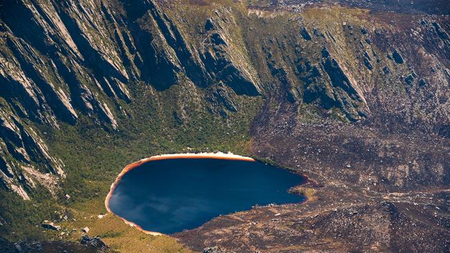 Lake Rhona and Denison Range after the 2019 bushfires at Southwest National Park. Picture – LUKE TSCHARKE / PAR AVION