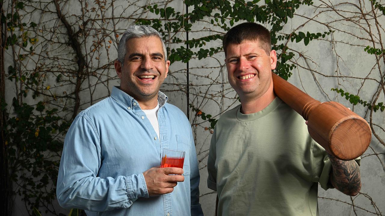 Co-owner Johnny Moubarak and chef Jimmy Richardson, holding a giant booza pounding stick, are preparing for the reopening of Gerard’s after a monster makeover. Picture: Lyndon Mechielsen